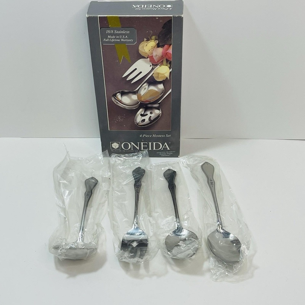 Oneida Morning Blossom 4 Piece Hostess Set Serving Fork Ladle Tablespoon NEW